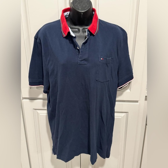 Tommy Hilfiger Navy Polo Shirt small hole by tag not noticeable shown pics LARGE - Picture 1 of 4